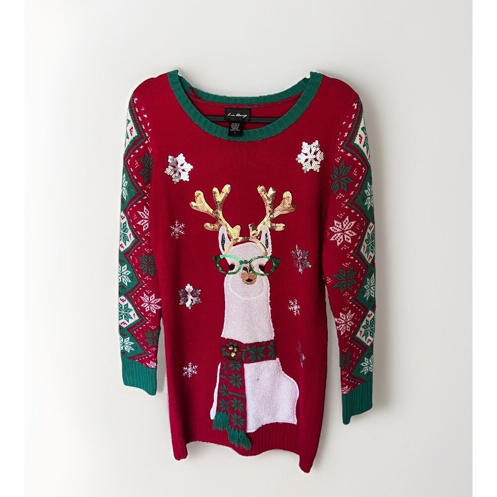 Llama Jingle Bell Ugly Christmas Sweater holiday tunic glasses snowflake large
